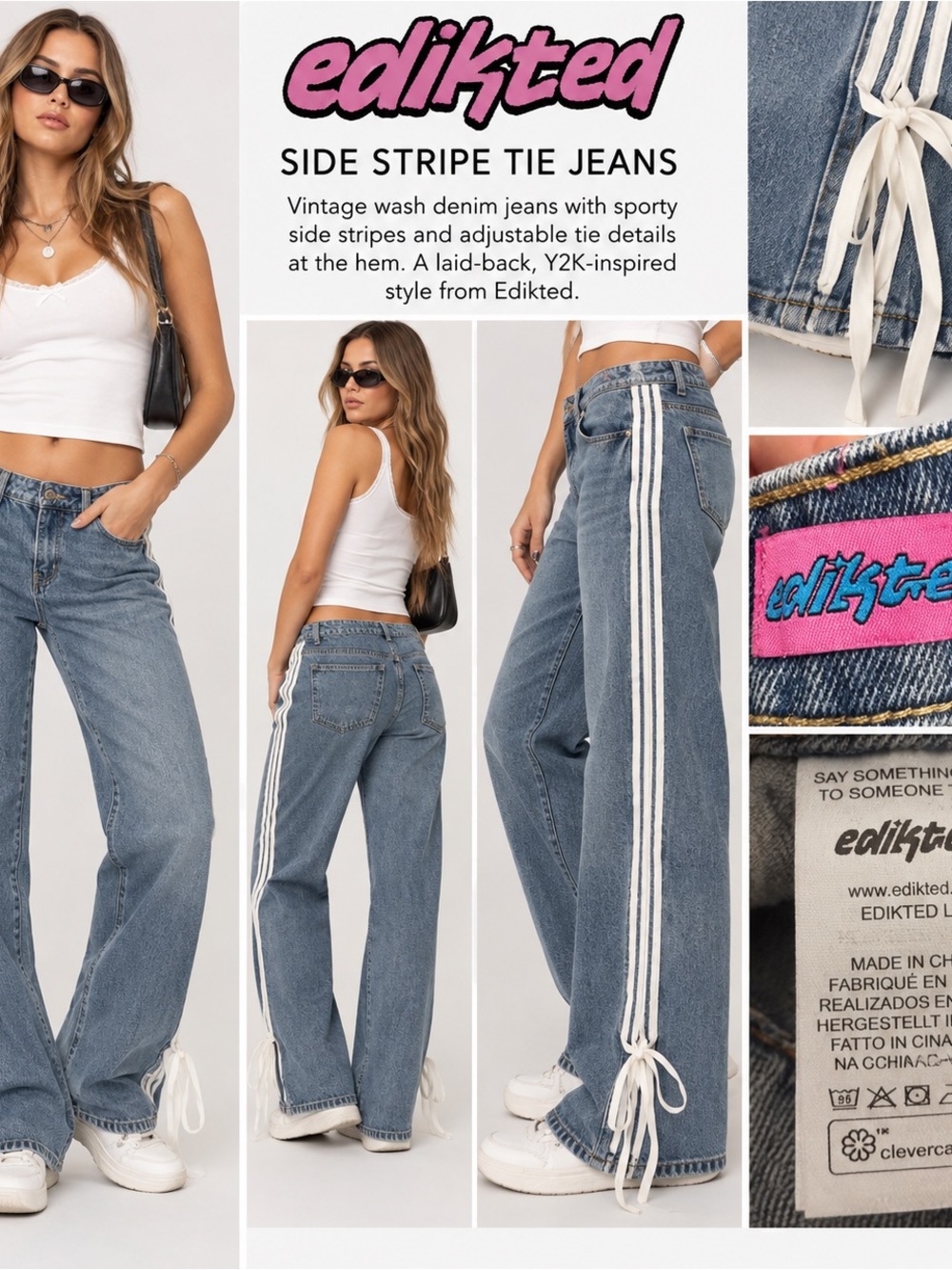 Edikted Side Stripe Tie Jeans - Vintage Wash Blue